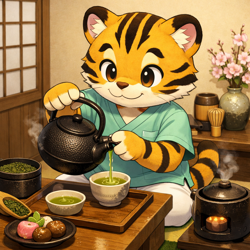 イラストの中心には、マスコットキャラクターのトラモンドが大きく描かれています。テーブルの前に座り、両手で南部鉄器の急須を持ちながら、ゆっくりと湯のみへお茶を注いでいる瞬間です。視線は優しくカップに向けられており、丁寧にお茶を入れている様子が伝わります。背景には和室の雰囲気を感じさせる障子や小さな棚があり、トラモンドがくつろいだ空間でお茶を楽しんでいる構図になっています。